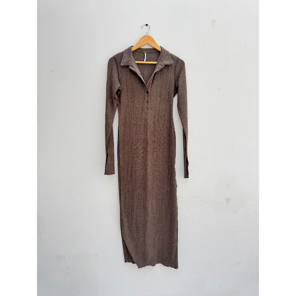 Free People Brown Textured Knit Polo Maxi Dress M Long Sleeve Side Slits